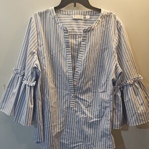 Zara Striped Blue and White Blouse with Ruffled Sleeves